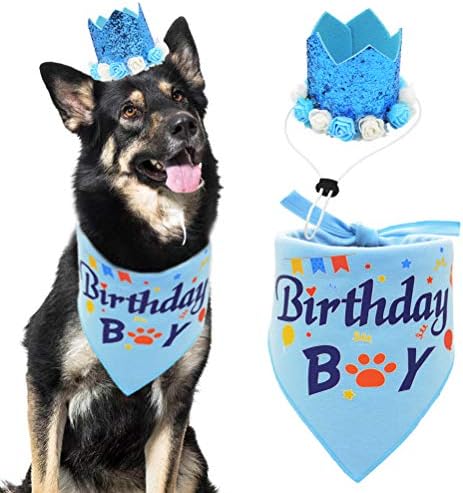 יום הולדת לכלב בנדנה ילד צעיף וכפתור כתר יום הולדת לכלב, בגדי ראש פרחים לכלבים בינוניים עד גדולים כחולים