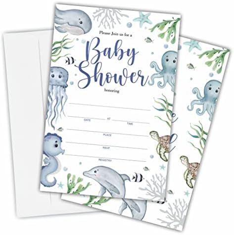 הזמנות למקלחת לתינוקות של גוקסין - מתחת לים - 25 כרטיסי הזמנה דו צדדי עם מעטפות - מקלחת לתינוקות