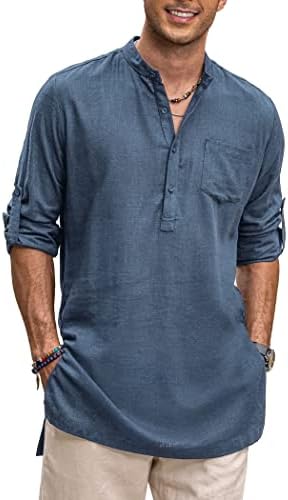 חולצות הנלי פשתן של גברים קופנדי שרוול ארוך קו ארוך בכושר רגיל חולצות חוף קורטה עם כיס