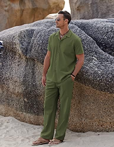 גברים קואופנדי 2 חלקים תלבושת פשתן חוף כפתור מטה חולצה סטים מכנסיים רופפים מזדמנים