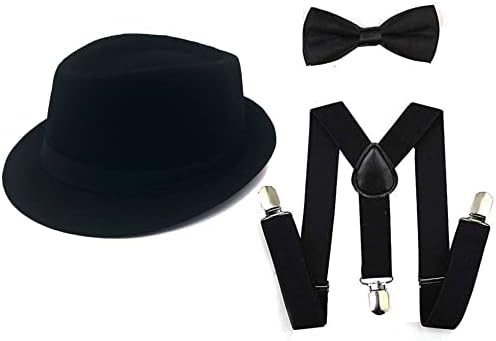 1920 אביזרי גברים פדורה גנגסטר כובע תלבושות אביזר כתפיות גב ועניבת פרפר קשורה מראש, גברים שואגים 20 סט כובע