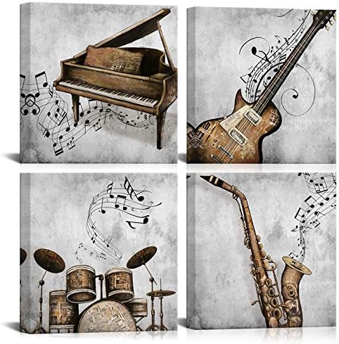 Lovehouse 4 פאנל מוזיקה בד קיר אמנות קיר גיטרה פסנתר סקסופון ותמונות תוף קנבס נמתח אמנות ממוסגרת