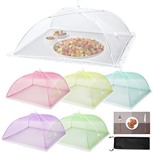 6 חבילות כיסויי אוכל צבעוניים לחוץ עם תיק נשיאה ומזרן צלחות, מטריית אוהלי אוכל מוקפצים, רשת מזון
