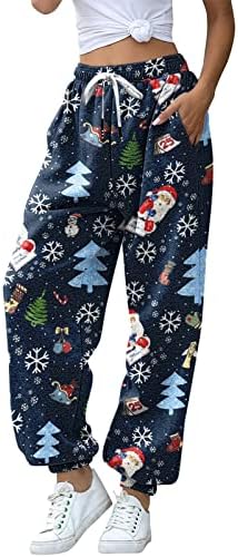 מכנסי טרנינג חג המולד נשים עם כיסים כותנה רחבה מותניים אלסטיים רגילים מכנסי רגל רחבים