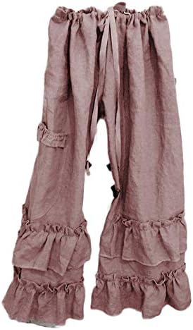 נשים מקרית פרע רופף כיס מכנסיים בתוספת גודל כותנה פשתן קפלי מכנסיים רחב רגל מוצק צבע מכפלת אלסטי מותן