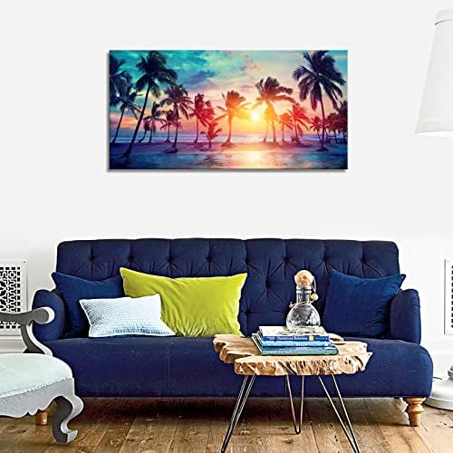 אמנות 75550 בד קיר אמנות עצי דקל צלליות על טרופי חוף בשקיעה חוף נוף ימי ציור טבע תמונות לסלון בית