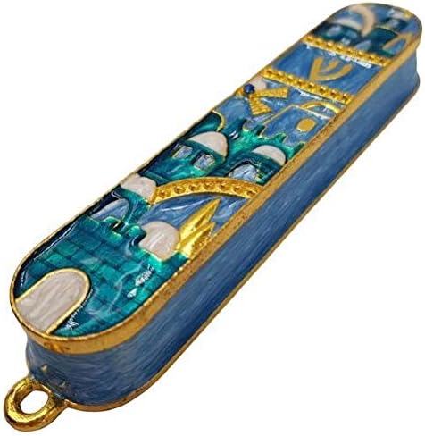 Talisman4u אמייל כחול ירושלים מזוזה מקרה עם גלילה עם קלף עברית דלת יהודה דלת מזוזה מיוצרת בישראל 4 אינץ '