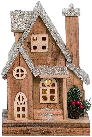 דרך חג אחת בגודל 11.5 אינץ 'עץ כפרי מדליק בית קוטג' עם חלון מרובע-LED דקורטיבי מואר לחג המולד כפרי כפרי בית