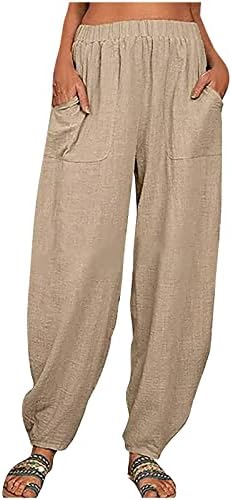 CHGBMOK נשים מכנסי פשתן נשים מותניים אלסטיות מכנסיים מכנסיים רצים מכנסיים בצבע אחיד רופף מכנסיים עם כיסים