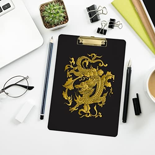 דרקון זהב דרקון זהב סיני מסורתי על לוח פלסטיק כהה שחור לוח קשיח בגודל 4 אותיות עם קליפ מתכת כסף בעל פרופיל