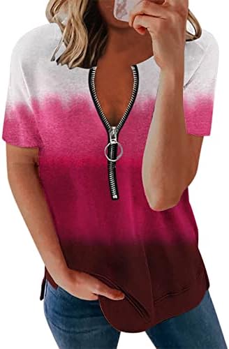 נשים רוכסן שן האריחים חולצות חולצות מפוצלות צמרות טוניקה אופנה צבע אחיד שרוולים קצרים חולצת טשט
