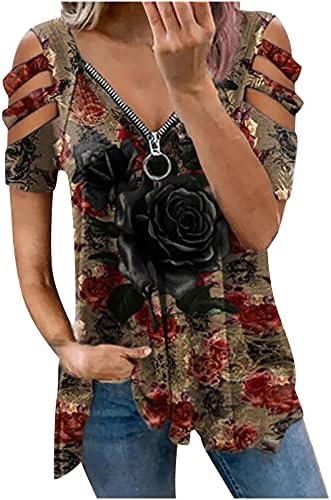 חולצות שרוול קצר לנשים קיץ חולצות רוכסן חולצות צווארון חולצות טוניקה בהדפס צבעוני שחור
