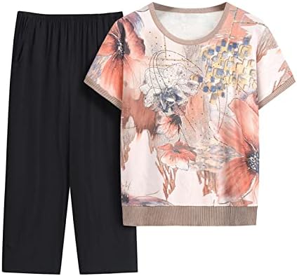 סטים קיץ נשים 2 תלבושות 2 חלקים בתוספת חולצת טירור עם שרוול קצר מזדמן ומכנסיים מערכי אימון קשישים