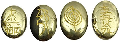 הרמוניזציה של פיריט אבן צורה סגלגלה סט של 4 חתיכות סמל קרונה רייקי ריפוי קריסטל רוחני