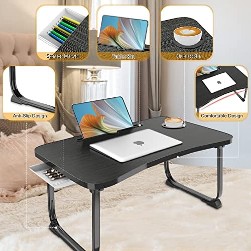 שולחן מחשב נייד, נייד מתקפל מיטת מחשב נייד שולחן עם אחסון מגירה ומחזיק כוס, מחשב נייד שולחן חיק מחשב נייד