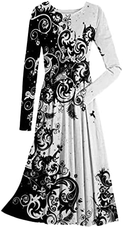 מקסי שמלה לנשים אופנה מזדמן מודפס עגול צוואר סוודר ארוך שרוול שמלה