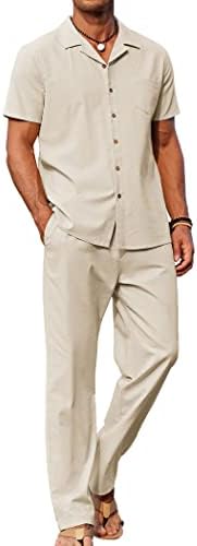 גברים קואופנדי 2 חלקים תלבושת פשתן חוף כפתור מטה חולצה סטים מכנסיים רופפים מזדמנים