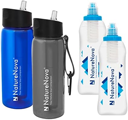 Naturenova 1.0L בקבוק מים מסוננים עם פילטר משולב שקית מסנן מים עם 2 שלב עם בקבוק פילטר מים נטורנובה