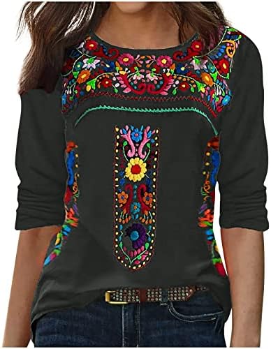 חולצות הדפסת רקמת מקסיקו של נשים בסגנון אתני מערבי בוהו חולצות גרפיות שרוול ארוך חולצה מזדמן רופפת