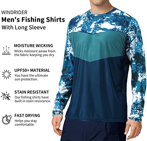 דיג חולצה לגברים ארוך שרוול שמש הגנה עד 50 + לחות הפתילה חולצות