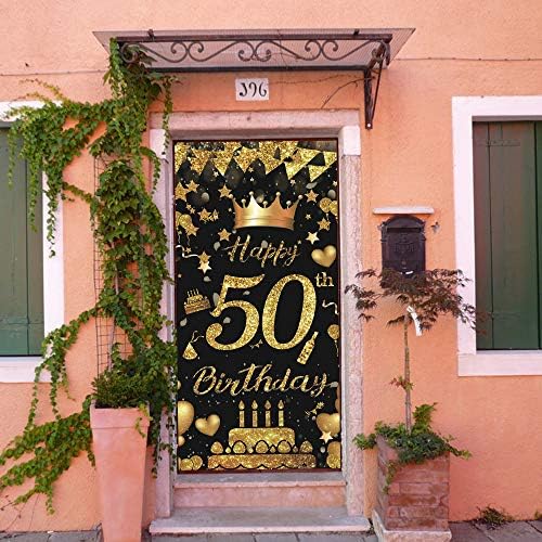 מוקוסמי שמח 50 יום הולדת דלת באנר, גדול שחור וזהב יום הולדת שמח דלת כיסוי מרפסת צילום רקע רקע סימן לנשים גברים