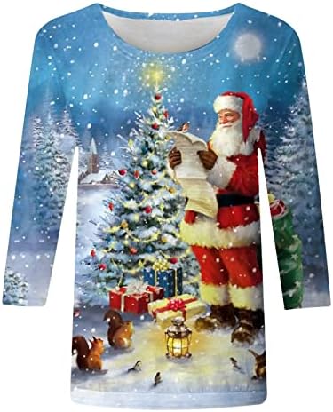 3/4 שרוול חג חולצות נשים חג המולד עץ הדפסת חולצות עם סנטה קלאוס דפוס 3 ד שלג כובע גרפי טי חולצה