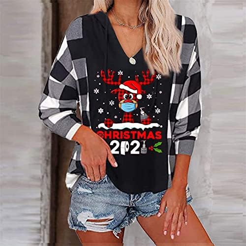 חג המולד חולצות לנשים סנטה קלאוס איילים שרוך קנגורו כיס אימון סווטשירט כושר רופף טוניקת חולצות