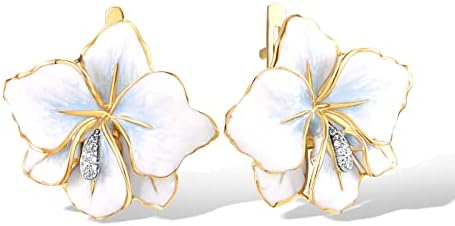 עגילי פרח אמייל יהלום זהב מוצק 10 קראט סנטוזה לנשים