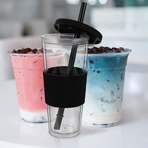Hemoton Sikkie Cupie כפול קיר כוס כוסות כוסות ברורות עם מכסה שחור כוסות מבודדות ברורות למשקאות קרים