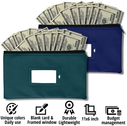תיק פיקדון בנקאי כסף עם רוכסן / כחול כהה וירוק / 11 על 6 אינץ ' / נרתיק ארנק כסף מזומן דמוי עור