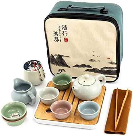 ערכות תה קרמיקה קונגפו 12 חתיכות, מיני טיול גביים מערך תה עם סיר תה, כוסות תה 4x, מגש תה במבוק,