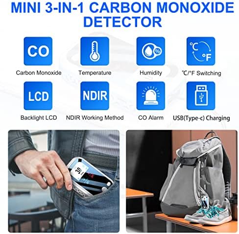 Chaooos Mini 3-in-1 גלאי פחמן חד חמצני, גלאי טמפרטורת/לחות של CO נייד עם שרוך, צג גז CO 0-1000 ppm רזולוציה