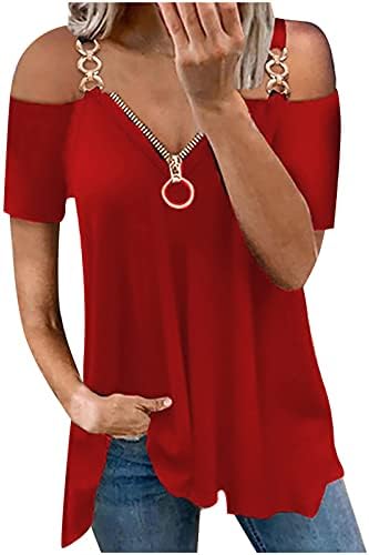 חולצת שרוול קצר של נשים מחוץ לנשים חולצות שרוול קצרה נ 'רוכסן צוואר קאסול חולצות טי זורמות רופפות