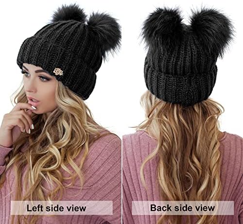 נשים כפות Braxton - 2 אוזניים פום כבל סרוג חורף כובע פליס חם - צמר שלג כובע סקי חיצוני