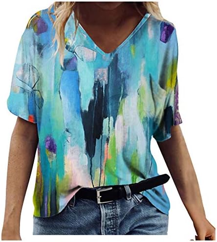 חולצות קיץ של UQrzau לנשים אופנה מזדמנת מודפסת שרוול קצר V-Neck חולצת טריקו צמרת טי טריקו 2023 טיז בסיסי