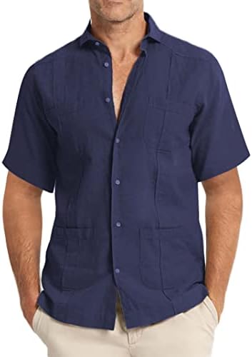 חולצות Guayabera לגברים 4 כיסים חולצה קובנית מוצקה בסגנון מקסיקני כפתור מזדמן שרוול קצר למטה חולצות