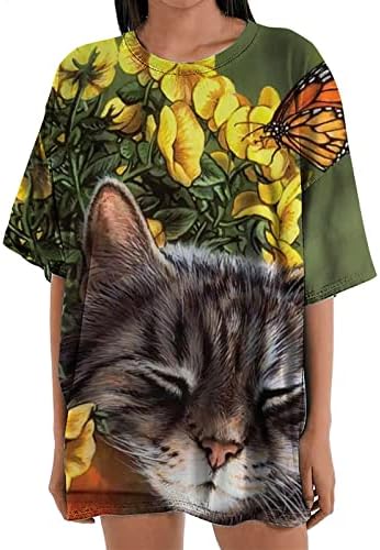 קיץ נשים חמוד חתול מודפס בתוספת גודל חולצות קצר שרוול מזדמן גרפי טיז זורם רופף בכושר טוניקת חולצת