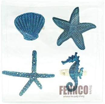 סגנונות FENNCO יצורי ים חוף טבעות מפיות מתכתיות, סט של 4 - מחזיקי מפיות ימיים כחולים לעיצוב ביתי, שולחן אוכל,