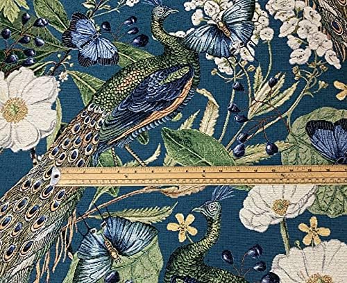 טווס חומר נמכר על ידי מטר ציפור פרפר פרחי דפוס בד טורקיז ארוג נהדר עבור ריפוד כריות אמנויות אמנות