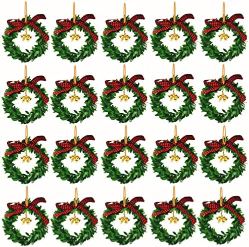 20 יצירות זר חג מולד מלאכותי ירוק עם בופלו בדוק פעמון זהב, קישוטים של זר חג מולד, זרי חג המולד מיני לקישוט