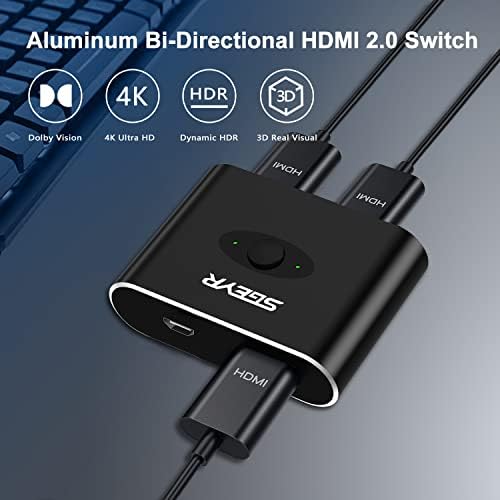 מתג SGEYR HDMI, 4K@60Hz מתג בורר HDMI, מתג HDMI 2 ב 1 החוצה, מתג HDMI מפצל, אלומיניום HDMI 2.0 מתג דו כיווני,
