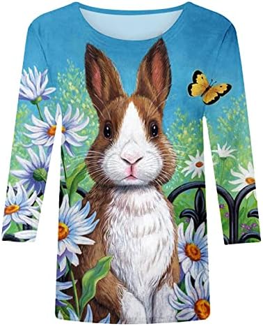 חולצת ארנב פסחא לנשים 3/4 צמרות שרוול חולצות הדפס חמוד חולצות טריקו מזדמן חולצות חולצות קלות רופפות