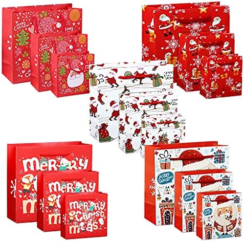Parsup נייר חג המולד שקיות מתנה עם ידיות 15 יחידות, שקיות עטיפה לשימוש חוזר בגודל מגוון שקיות