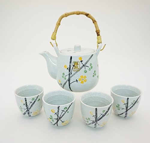 פריחת דובדבן שלג לבן יפני סאקורה סט תה קומקום קרמיקה עם ידית ראטאן ו -4 כוסות תה