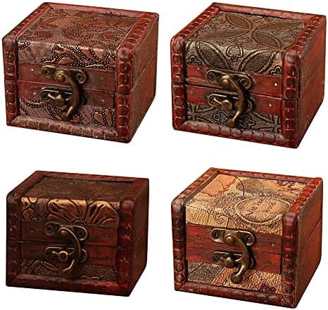 4 חתיכות קופסאות וינטג 'מעץ עתיקות עם מיני מנעול מתכת אוצר חזה עבודת יד פנינים יקרות טבעות תכשיט