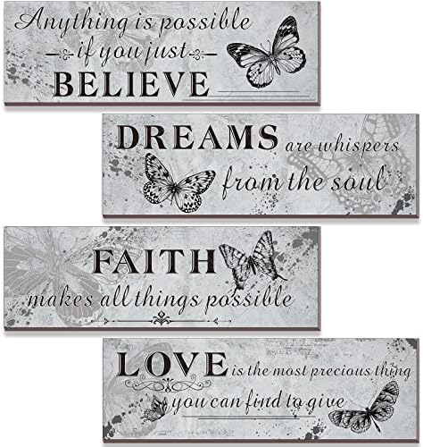 4 חתיכות רטרו עץ מעורר השראה אמנות קיר קיר, ציטוטים חיוביים מוטיבציוניים אפורים מאמינים חלומות אמונה אהבה