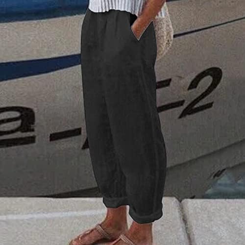 קיץ מזדמן כותנה פשתן מכנסיים לנשים בבאגי ישר רגל מכנסיים גבוהה מותן ארוך מכנסיים עם כיסים נוחות מכנסי
