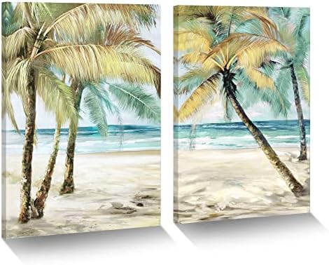 טרופי חוף בד ציור: מודרני 2 חתיכות חוף ים כף עץ קיר אמנות אוקיינוס גל נוף ימי תמונה מרגיע חוף