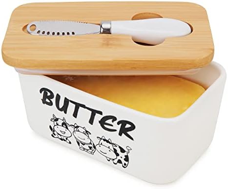 מנת חמאה עם מכסה, שומר חמאת קרמיקה של Kitchenexus עם כיסוי במבוק ומפזר סכין חמאה, מיכל מחזיק חמאה חמאה מושלם