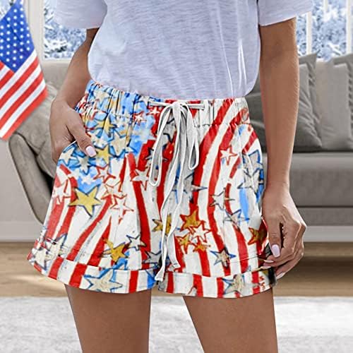 מכנסי דגל אמריקאיים של הנשים אלסטיים מותניים גבוהים ארהב 4 ביולי מכנסיים קצרים זורמים נמתחים מכנסי חוף חופשה